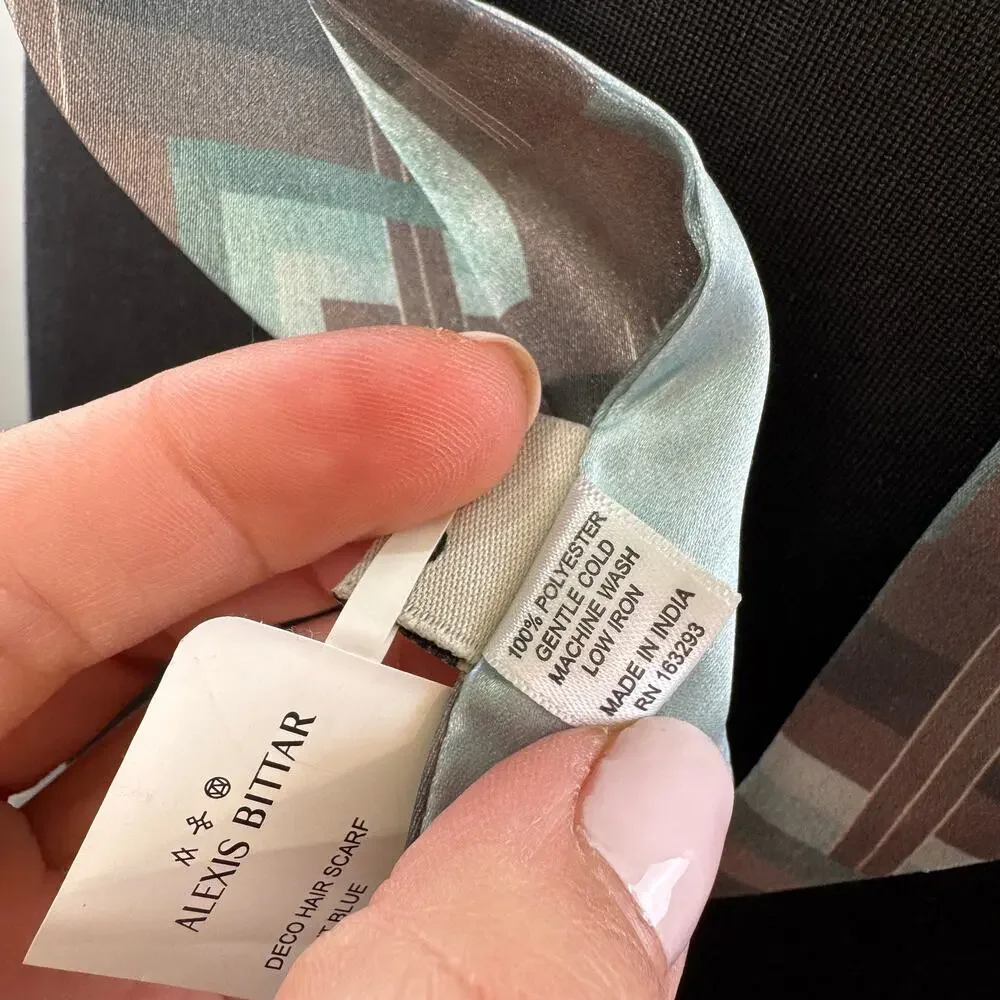 Alexis Bittar Ribbon Hair Scarf Tie Light Blue Gray Deco Grid Casual Party NEW